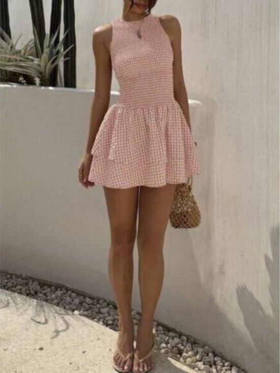 New Blue Plaid Sleeveless Bodycon Mini Dress, Sweet French Style For Vacat - Picture 5 of 7